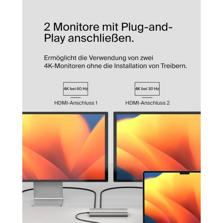 BELKIN Connect Universal USB-C 8-IN-1 DUAL DISPLAY Monitor HUB, 100W PD - INC015BTSGY-CZ