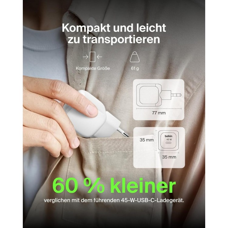 BELKIN 45W BoostCharge Compact USB-C PD Οικιακός φορτιστής με PPS & 1μ. USB-C  3.0Amp PVC καλώδιο - ΛΕΥΚΟ - WCA013kq1MWH-B6