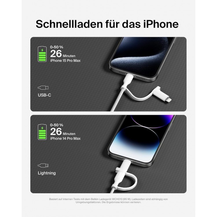 Belkin 2-σε-1 USB-C & Lightning Braided Καλώδιο γρήγορης φόρτισης για Apple iPhone, iPad, Samsung - ΛΕΥΚΟ - CAC003hq1.5MWH