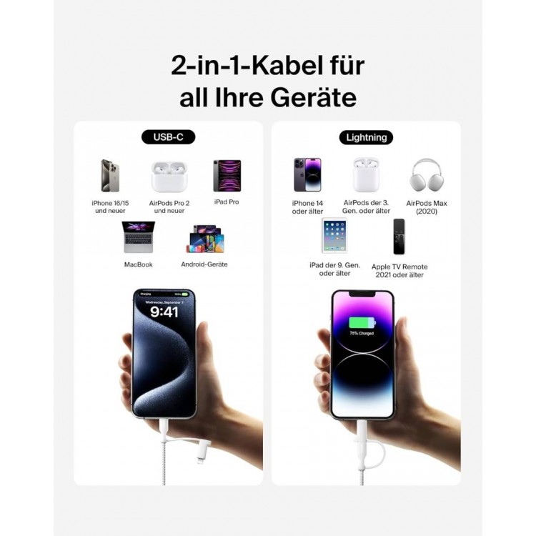 Belkin 2-σε-1 USB-C & Lightning Braided Καλώδιο γρήγορης φόρτισης για Apple iPhone, iPad, Samsung - ΛΕΥΚΟ - CAC003hq1.5MWH