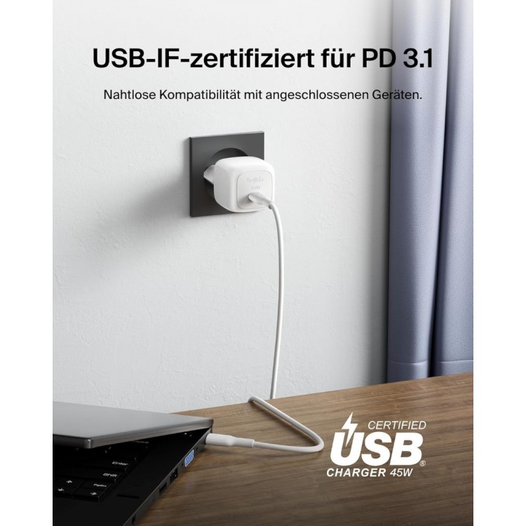 BELKIN 45W BoostCharge Compact USB-C PD Οικιακός φορτιστής με PPS & 1μ. USB-C  3.0Amp PVC καλώδιο - ΛΕΥΚΟ - WCA013kq1MWH-B6