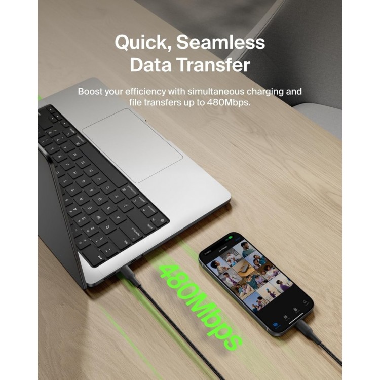 Belkin BOOST↑CHARGE™ PRO USB-C® σε USB-C Braided silicone Καλώδιο 240W, για APPLE iPhone 16, Galaxy S25, Pixel 9, MacBook, iPad Pro - Μαύρο - CAB025HQ3MBK