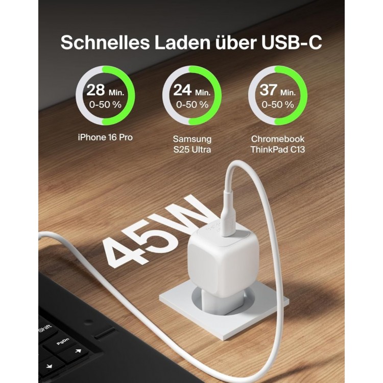 BELKIN 45W BoostCharge Compact USB-C PD Οικιακός φορτιστής με PPS & 1μ. USB-C  3.0Amp PVC καλώδιο - ΛΕΥΚΟ - WCA013kq1MWH-B6