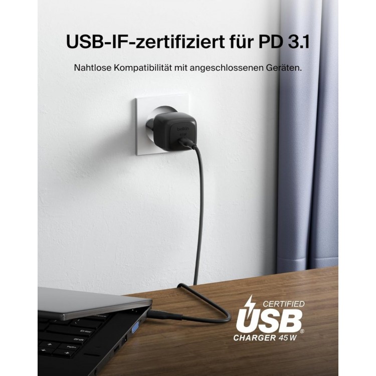 BELKIN 45W BoostCharge Compact USB-C PD Οικιακός φορτιστής με PPS & 1μ. USB-C  3.0Amp PVC καλώδιο - ΜΑΥΡΟ - WCA013kq1MBK-B6