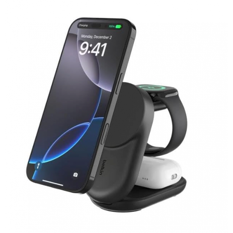 Belkin UltraCharge 25w Inductive Qi2 3-in-1 MagSafe Adjustable Charger with Stand Magnetic Charger, EU - ΜΑΥΡΟ - WIZ037kqBK