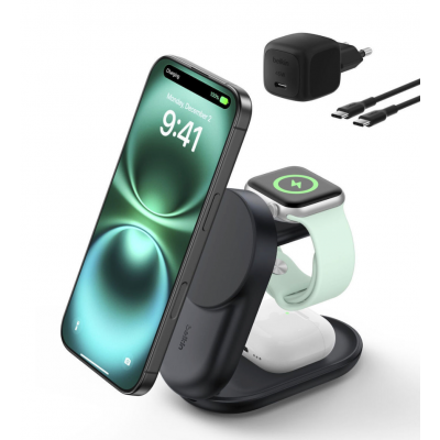 Belkin UltraCharge 25w Inductive Qi2 3-in-1 MagSafe Adjustable Charger with Stand Magnetic Charger, EU - ΜΑΥΡΟ - WIZ037kqBK