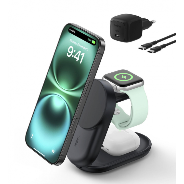 Belkin UltraCharge 25w Inductive Qi2 3-in-1 MagSafe Adjustable Charger with Stand Magnetic Charger, EU - ΜΑΥΡΟ - WIZ037kqBK