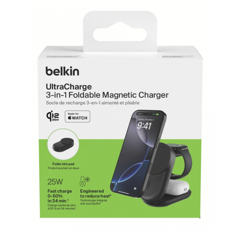 Belkin UltraCharge 25w Inductive Qi2 3-in-1 MagSafe Adjustable Charger with Stand Magnetic Charger, EU - ΜΑΥΡΟ - WIZ037kqBK