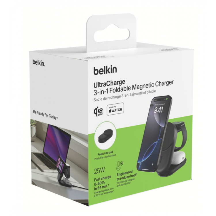 Belkin UltraCharge 25w Inductive Qi2 3-in-1 MagSafe Adjustable Charger with Stand Magnetic Charger, EU - ΜΑΥΡΟ - WIZ037kqBK
