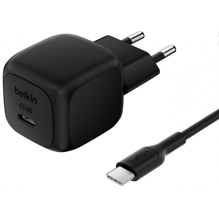 BELKIN 45W BoostCharge Compact USB-C PD Οικιακός φορτιστής με PPS & 1μ. USB-C  3.0Amp PVC καλώδιο - ΜΑΥΡΟ - WCA013kq1MBK-B6