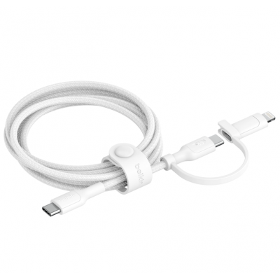 Belkin 2-σε-1 USB-C & Lightning Braided Καλώδιο γρήγορης φόρτισης για Apple iPhone, iPad, Samsung - ΛΕΥΚΟ - CAC003hq1.5MWH