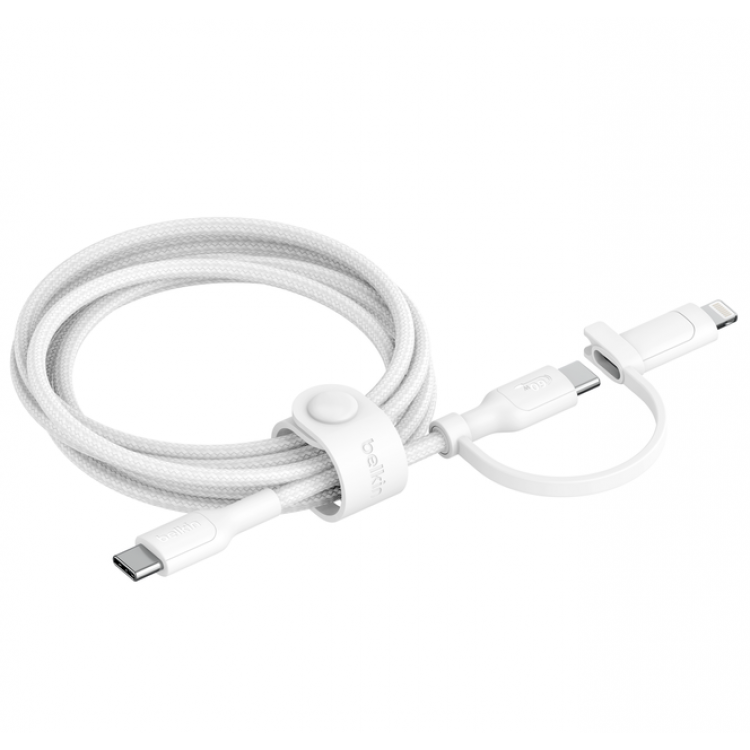Belkin 2-σε-1 USB-C & Lightning Braided Καλώδιο γρήγορης φόρτισης για Apple iPhone, iPad, Samsung - ΛΕΥΚΟ - CAC003hq1.5MWH