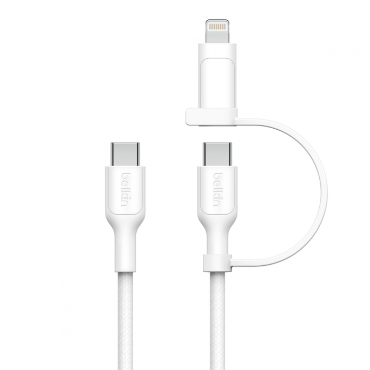 Belkin 2-σε-1 USB-C & Lightning Braided Καλώδιο γρήγορης φόρτισης για Apple iPhone, iPad, Samsung - ΛΕΥΚΟ - CAC003hq1.5MWH
