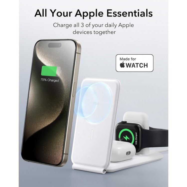 ESR Premium 3σε1 MAGSAFE Travel Σετ Ασύρματης Φόρτισης με τσαντάκι αξεσουάρ, για APPLE iPhone, MFi Apple Watch, AirPods, Qi2 15W - ΜΑΥΡΟ - 2C569