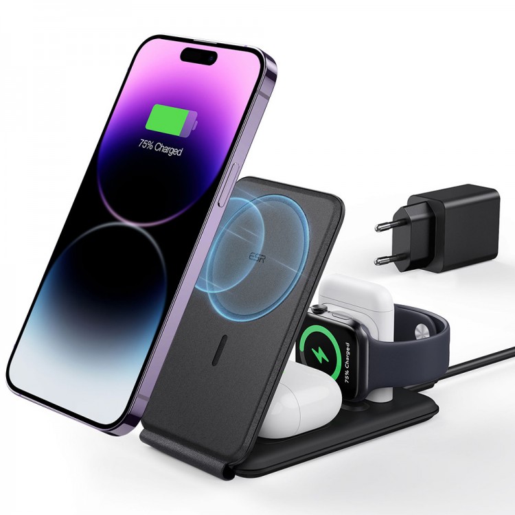 ESR Premium 3σε1 MAGSAFE Travel Σετ Ασύρματης Φόρτισης με τσαντάκι αξεσουάρ, για APPLE iPhone, MFi Apple Watch, AirPods, Qi2 15W - ΜΑΥΡΟ - 2C569
