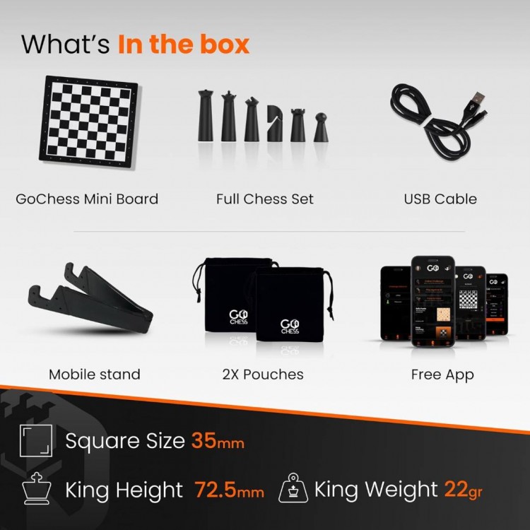 Particula GoChess Mini, AI Electronic Chess Board, Connected Σκακιέρα με βοήθεια προπονητή, Μαγνητικούς αισθητήρες & Mobile App - PA-GCHSN1-MINI