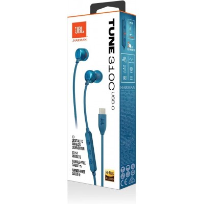 JBL by HARMAN Tune 310C, Flat cable Ακουστικά Hands-Free Wired In-Ear Pure Bass Sound, Μικρόφωνο και USB-C Θύρα - ΜΠΛΕ - HA-JBLT310CBLU