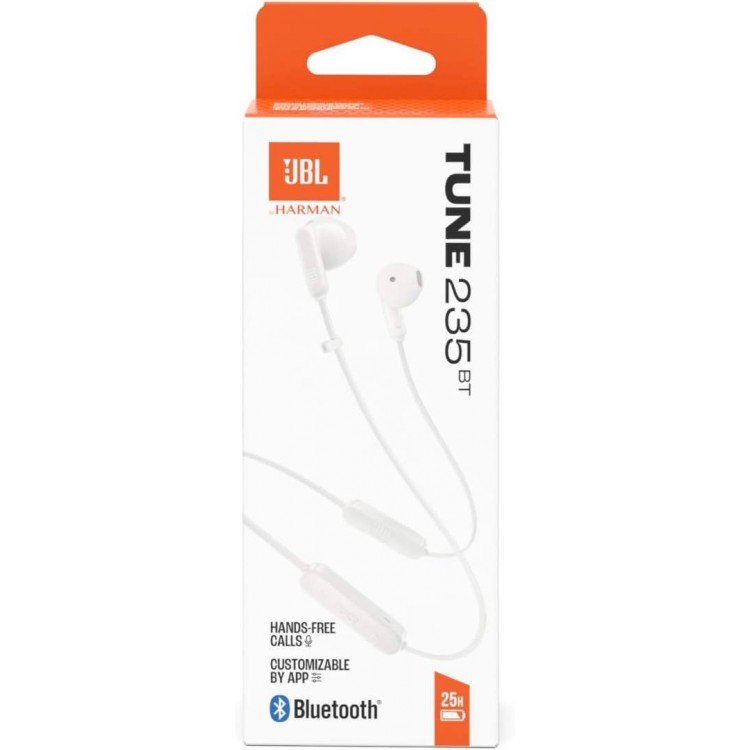 JBL Tune T235BT Ασύρματα ακουστικά Bluetooth, επίπεδο καλώδιο Hands-Free 3-κουμπιά + Mic, Remote, Comfortable Ergonomic Ear Pads - ΛΕΥΚΟ - JBLT235BTWHT