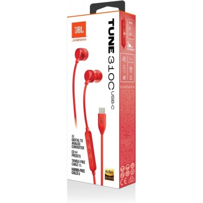 JBL by HARMAN Tune 310C, Flat cable Ακουστικά Hands-Free Wired In-Ear Pure Bass Sound, Μικρόφωνο και USB-C Θύρα - ΚΟΚΚΙΝΟ - HA-JBLT310CRED