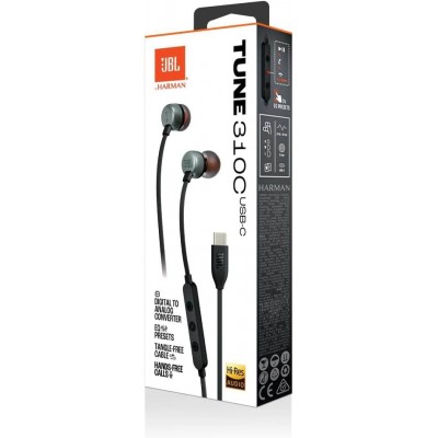 JBL by HARMAN Tune 310C, Flat cable Ακουστικά Hands-Free Wired In-Ear Pure Bass Sound, Μικρόφωνο και USB-C Θύρα - ΜΑΥΡΟ - HA-JBLT310CBLK