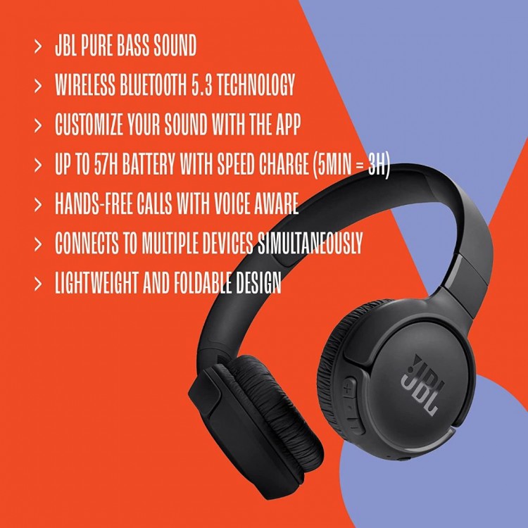 JBL by HARMAN Tune 520BT Bluetooth Ασύρματα ακουστικά Hands-Free Over Head Εργονομικά με μικρόφωνο - ΜΑΥΡΟ - JBLT520BTBLKEU