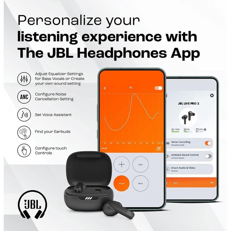 JBL by HARMAN Live Pro 2 TWS, True Ασύρματα Ακουστικά Ear-Buds Headphones, True ANC, Wrl. Charging, Touch, BT Headset Hands-Free με εργονομικά Earbuds - Ασημί - JBLLIVEPRO2TWSSIL
