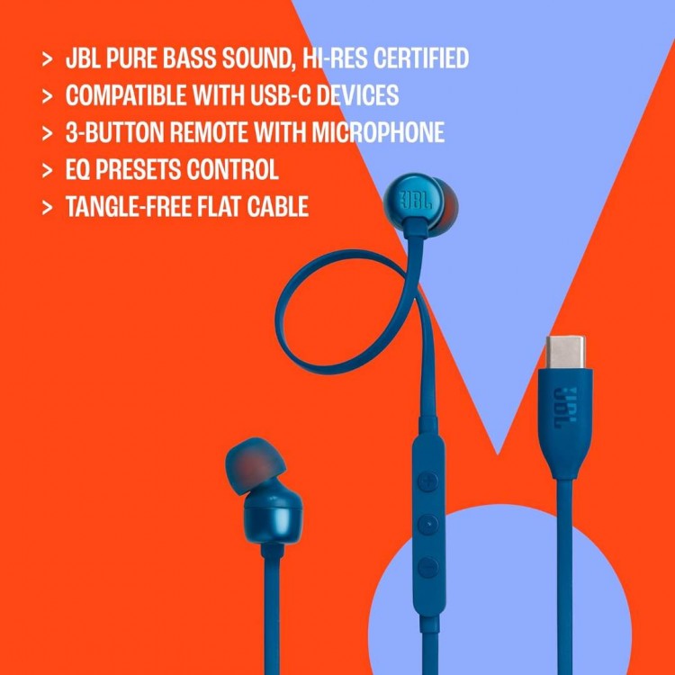 JBL by HARMAN Tune 310C, Flat cable Ακουστικά Hands-Free Wired In-Ear Pure Bass Sound, Μικρόφωνο και USB-C Θύρα - ΜΠΛΕ - HA-JBLT310CBLU