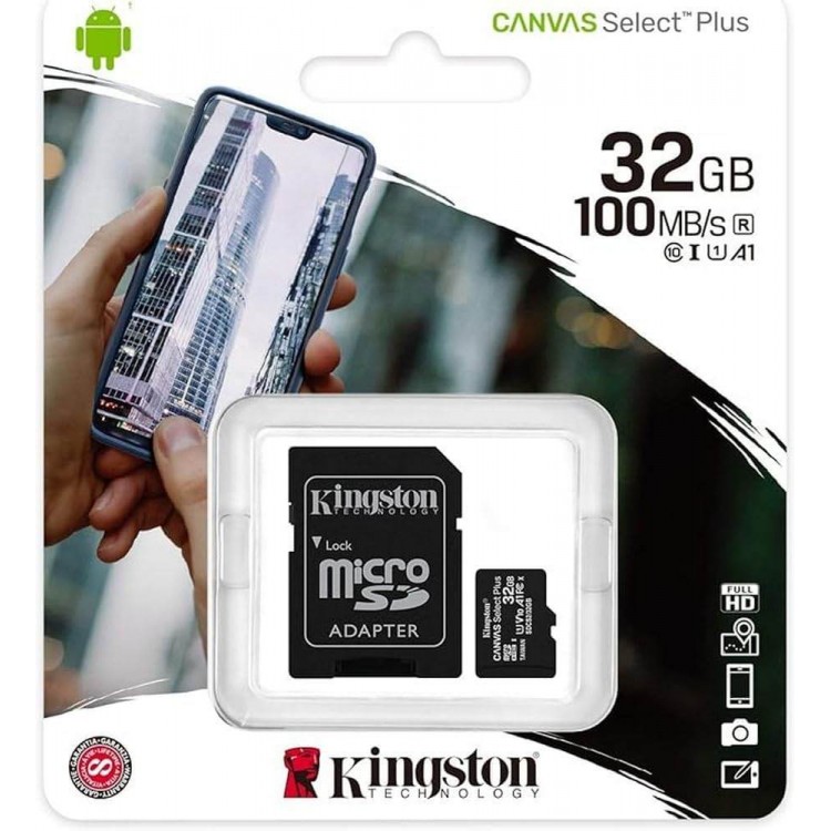 Kingston Κάρτα Μνήμης MicroSDHC Canvas Select Plus Android A1, με Adapter, 32GB, Class 10/UHS-1 U1 - ΜΑΥΡΟ - SDCS2/32GB