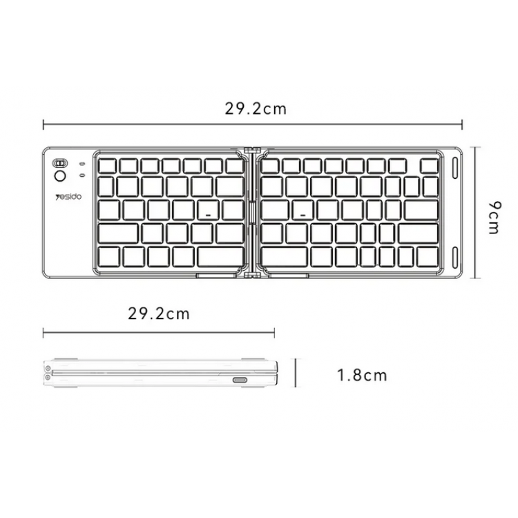 Yesido Ασύρματο ΑΝΑΔΙΠΛΩΜΕΝΟ Πληκτρολόγιο Bluetooth (KB27) - Type-C, 150mAh,  5.0, Compact Design, ΥΠΕΡ-ΛΕΠΤΟ - ΜΑΥΡΟ - KB27