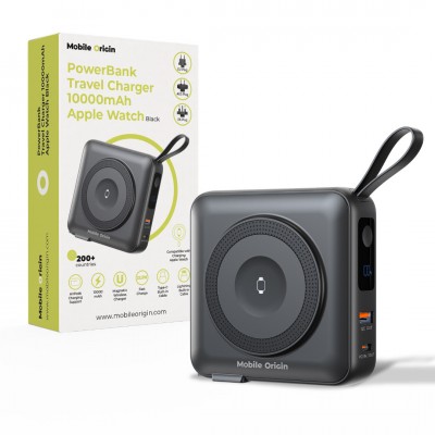 Mobile Origin 3-σε-1 Ασύρματος Φορτιστής Ταξιδιού & MAGSAFE Powerbank 10.000mAh, με Lightning και USB-C καλώδιο - ΜΑΥΡΟ - PBT-03L-BLK
