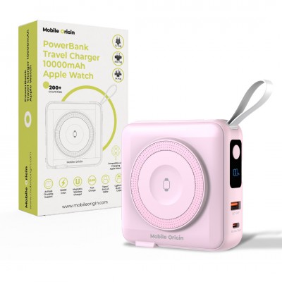 Mobile Origin 3-σε-1 Ασύρματος Φορτιστής Ταξιδιού & MAGSAFE Powerbank 10.000mAh, με Lightning και USB-C καλώδιο - ΡΟΖ - PBT-03L-PNK