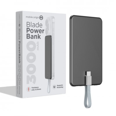 Mobile Origin Blade MAGSAFE Powerbank 3.000mAh ασύρματος Φορτιστ΄ής, με ενσωματωμένο USB-C καλώδιο - ΓΚΡΙ ΜΑΥΡΟ - PBB-3KC-GRY