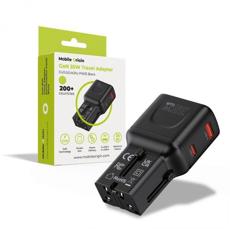 Mobile Origin Travel Φορτιστής ταξιδίου τοίχου 35W, UNIVERSAL - EU/US/UK/AU - ΜΑΥΡΟ - MO-PW25-BLK