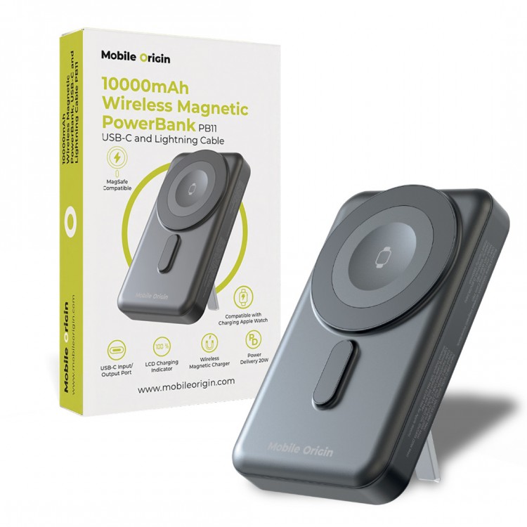Mobile Origin Ασύρματος Φορτιστής MAGSAFE Powerbank 10.000mAh, με Lightning και USB-C καλώδιο, PB11 - ΜΑΥΡΟ - MO-WMP-PB11