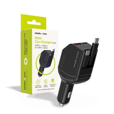 Mobile Origin 90W CA22 Ταχυφορτιστής αυτοκινήτου με 1xUSB-C/1xUSB-A θύρες & 2x ανασυρόμενα USB-C καλώδια 0.6μ. - ΜΑΥΡΟ - MO-90CCH-CA22