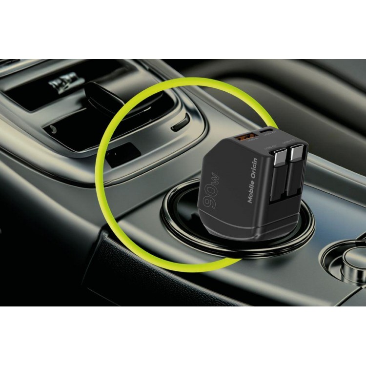 Mobile Origin 90W CA22 Ταχυφορτιστής αυτοκινήτου με 1xUSB-C/1xUSB-A θύρες & 2x ανασυρόμενα USB-C καλώδια 0.6μ. - ΜΑΥΡΟ - MO-90CCH-CA22