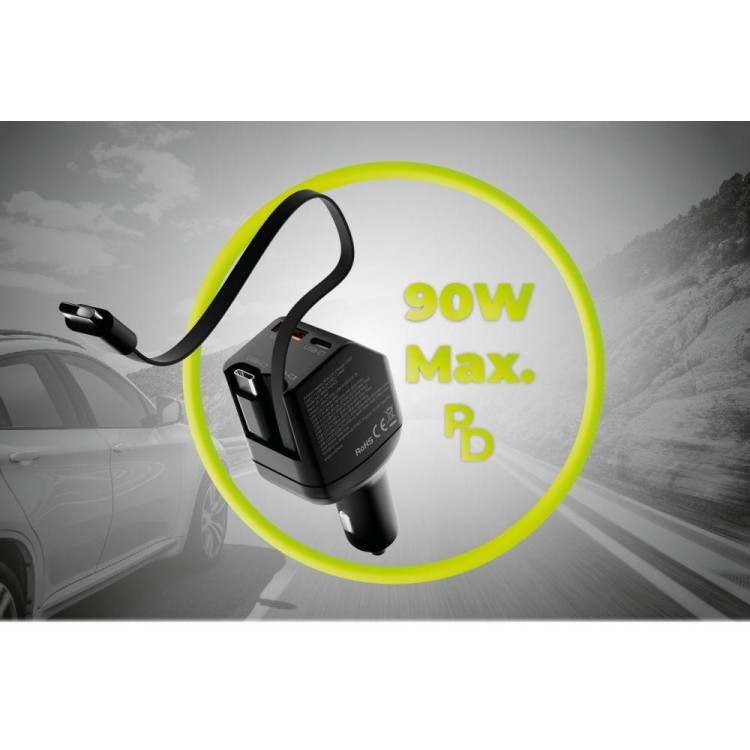 Mobile Origin 90W CA22 Ταχυφορτιστής αυτοκινήτου με 1xUSB-C/1xUSB-A θύρες & 2x ανασυρόμενα USB-C καλώδια 0.6μ. - ΜΑΥΡΟ - MO-90CCH-CA22