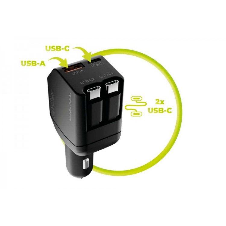 Mobile Origin 90W CA22 Ταχυφορτιστής αυτοκινήτου με 1xUSB-C/1xUSB-A θύρες & 2x ανασυρόμενα USB-C καλώδια 0.6μ. - ΜΑΥΡΟ - MO-90CCH-CA22