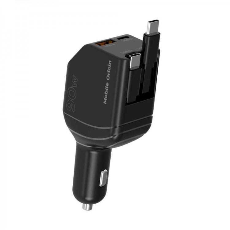 Mobile Origin 90W CA22 Ταχυφορτιστής αυτοκινήτου με 1xUSB-C/1xUSB-A θύρες & 2x ανασυρόμενα USB-C καλώδια 0.6μ. - ΜΑΥΡΟ - MO-90CCH-CA22