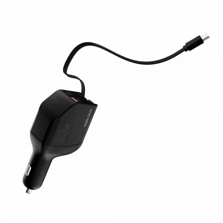 Mobile Origin 90W CA22 Ταχυφορτιστής αυτοκινήτου με 1xUSB-C/1xUSB-A θύρες & 2x ανασυρόμενα USB-C καλώδια 0.6μ. - ΜΑΥΡΟ - MO-90CCH-CA22