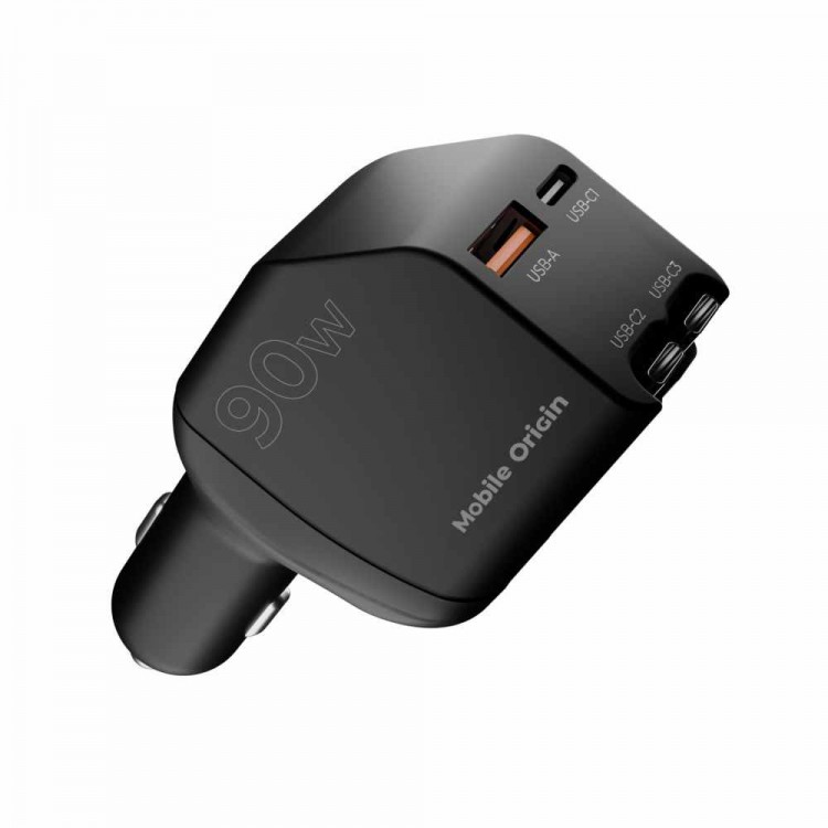 Mobile Origin 90W CA22 Ταχυφορτιστής αυτοκινήτου με 1xUSB-C/1xUSB-A θύρες & 2x ανασυρόμενα USB-C καλώδια 0.6μ. - ΜΑΥΡΟ - MO-90CCH-CA22