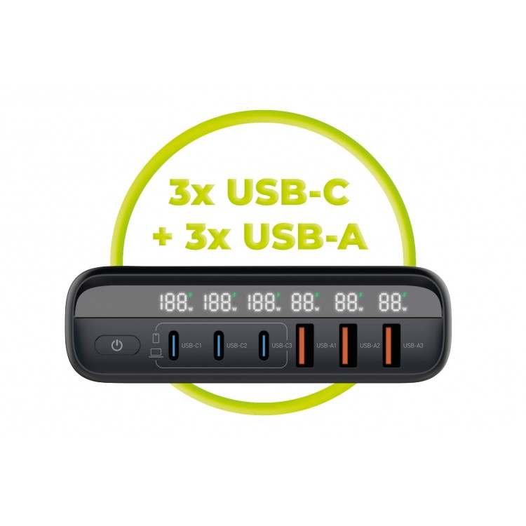 Mobile Origin GaN 140W Φορτιστής τοίχου-Hub PW12, 3x USB-C + 3x USB-A, EU/UK/US - ΜΑΥΡΟ - MO-CH140-PW12