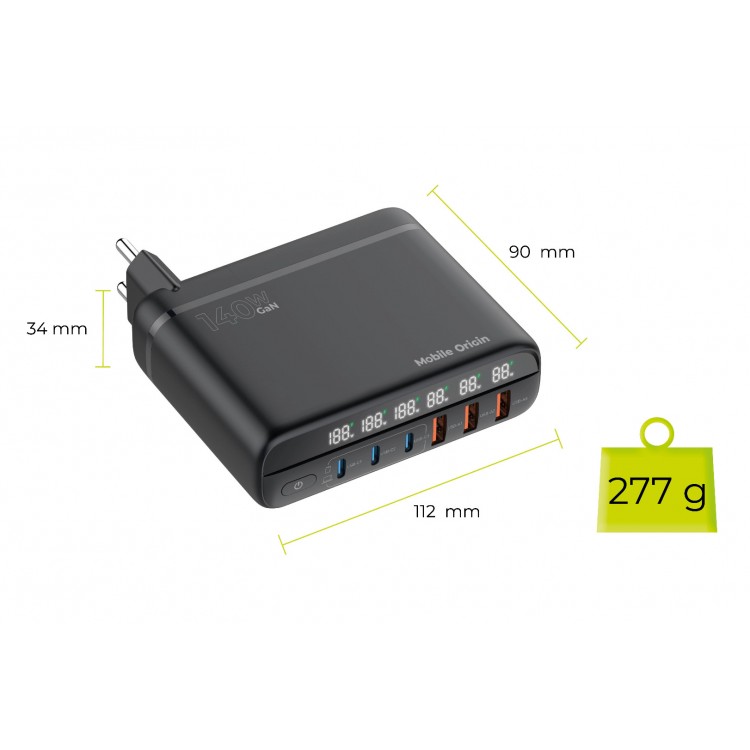 Mobile Origin GaN 140W Φορτιστής τοίχου-Hub PW12, 3x USB-C + 3x USB-A, EU/UK/US - ΜΑΥΡΟ - MO-CH140-PW12