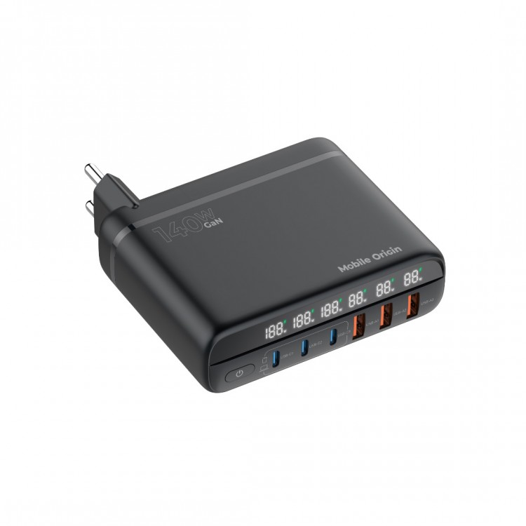 Mobile Origin GaN 140W Φορτιστής τοίχου-Hub PW12, 3x USB-C + 3x USB-A, EU/UK/US - ΜΑΥΡΟ - MO-CH140-PW12