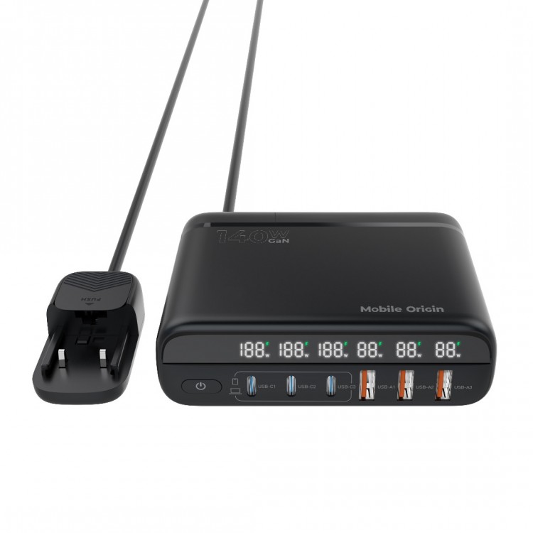 Mobile Origin GaN 140W Φορτιστής τοίχου-Hub PW12, 3x USB-C + 3x USB-A, EU/UK/US - ΜΑΥΡΟ - MO-CH140-PW12