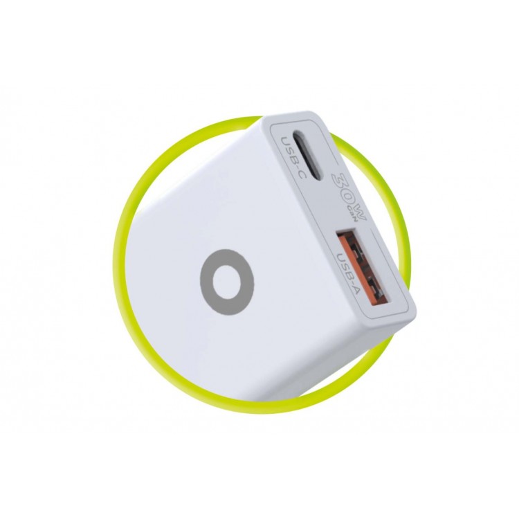 Mobile Origin Λεπτός Φορτιστής ταξιδίου τοίχου GaN 30W, UNIVERSAL, USB-A + USB-C, TUV MO16 - EU - ΛΕΥΚΟ - MO-GAN30W-MO16