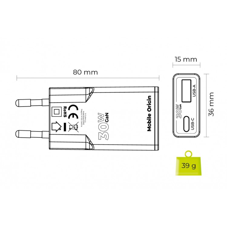 Mobile Origin Λεπτός Φορτιστής ταξιδίου τοίχου GaN 30W, UNIVERSAL, USB-A + USB-C, TUV MO16 - EU - ΛΕΥΚΟ - MO-GAN30W-MO16