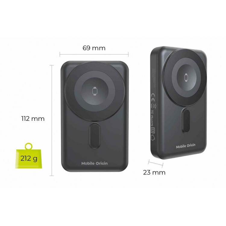 Mobile Origin Ασύρματος Φορτιστής MAGSAFE Powerbank 10.000mAh, με Lightning και USB-C καλώδιο, PB11 - ΜΑΥΡΟ - MO-WMP-PB11