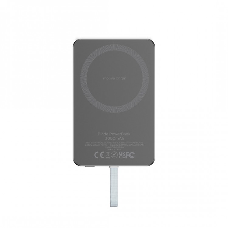 Mobile Origin Blade MAGSAFE Powerbank 3.000mAh ασύρματος Φορτιστ΄ής, με ενσωματωμένο USB-C καλώδιο - ΓΚΡΙ ΜΑΥΡΟ - PBB-3KC-GRY