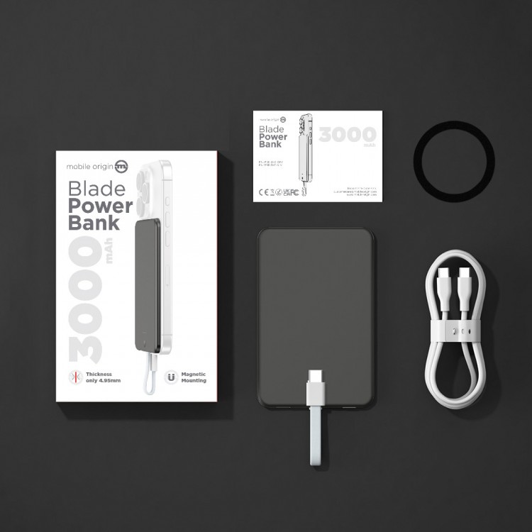 Mobile Origin Blade MAGSAFE Powerbank 3.000mAh ασύρματος Φορτιστ΄ής, με ενσωματωμένο USB-C καλώδιο - ΓΚΡΙ ΜΑΥΡΟ - PBB-3KC-GRY
